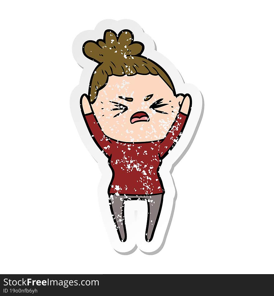 Distressed Sticker Of A Cartoon Angry Woman