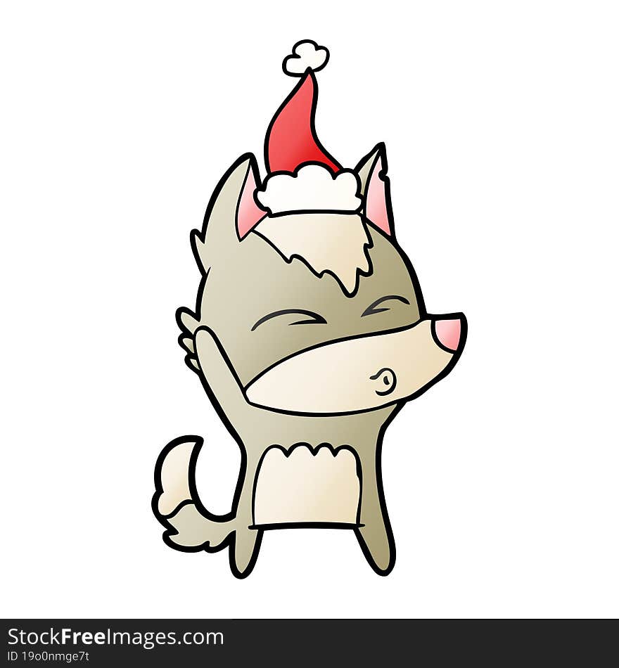 gradient cartoon of a wolf whistling wearing santa hat