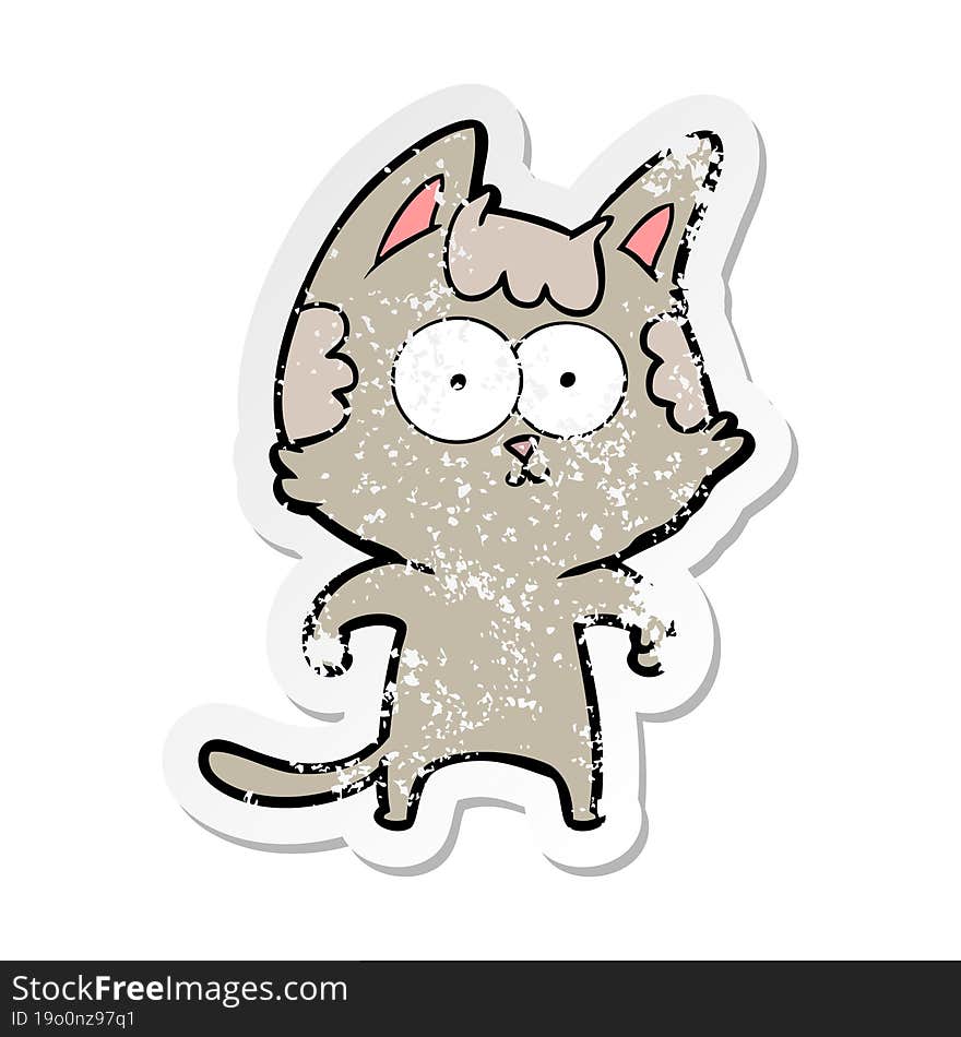 distressed sticker of a happy cartoon cat