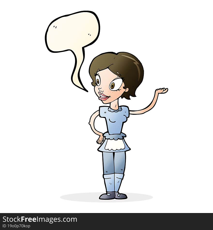 cartoon woman in maid costume with speech bubble