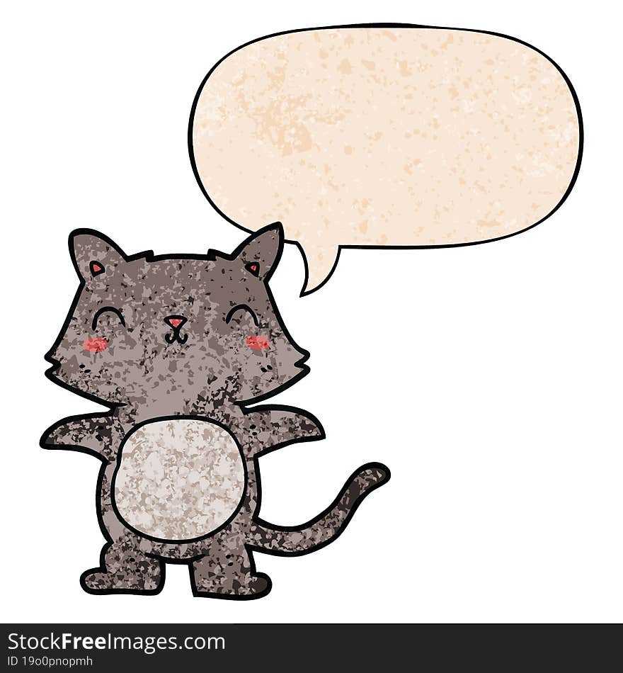 Cartoon Cat And Speech Bubble In Retro Texture Style