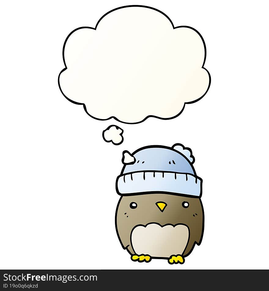 cute cartoon owl in hat and thought bubble in smooth gradient style