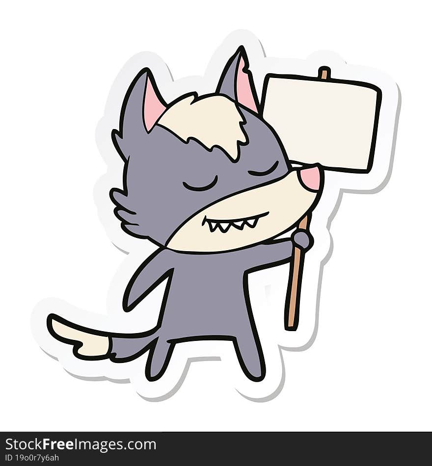 sticker of a friendly cartoon wolf with blank sign