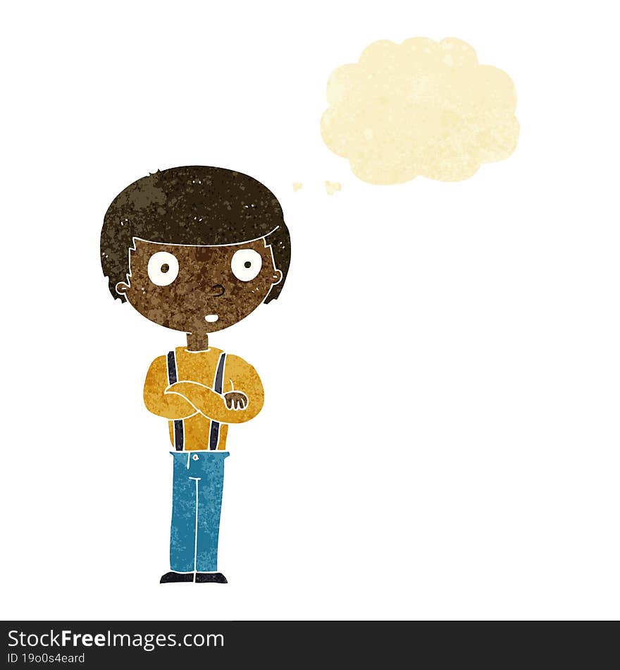 cartoon staring boy with folded arms with thought bubble