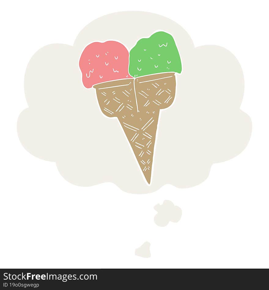 Cartoon Ice Cream And Thought Bubble In Retro Style