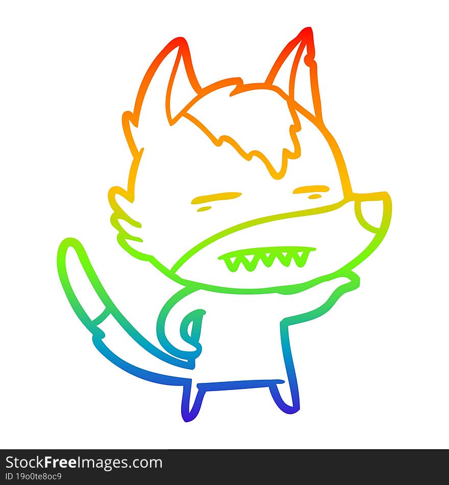 rainbow gradient line drawing of a cartoon wolf showing teeth