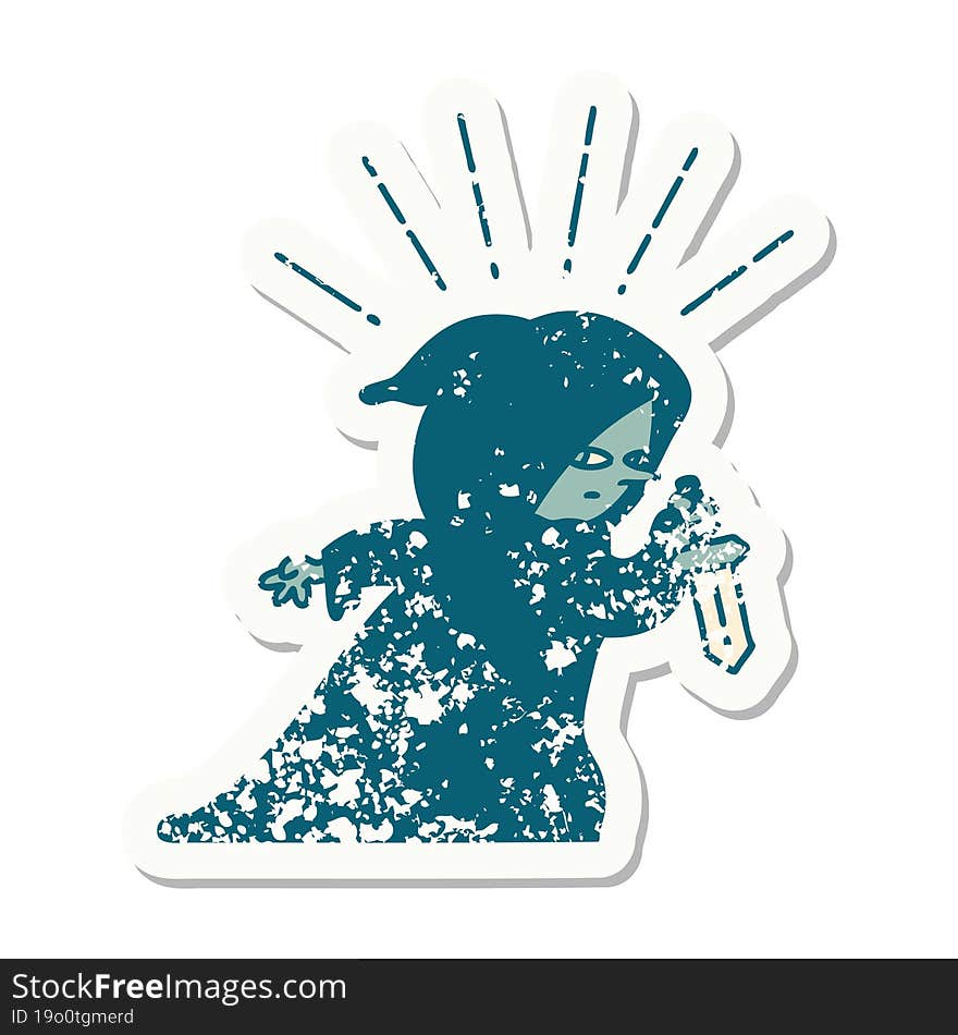 grunge sticker of tattoo style assassin with knife