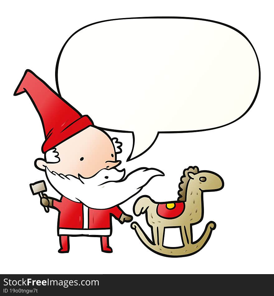 cartoon santa (or elf) making a rocking horse with speech bubble in smooth gradient style