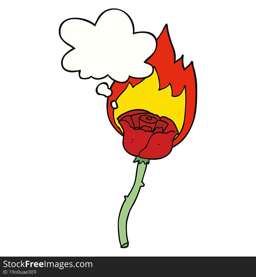 cartoon flaming rose and thought bubble