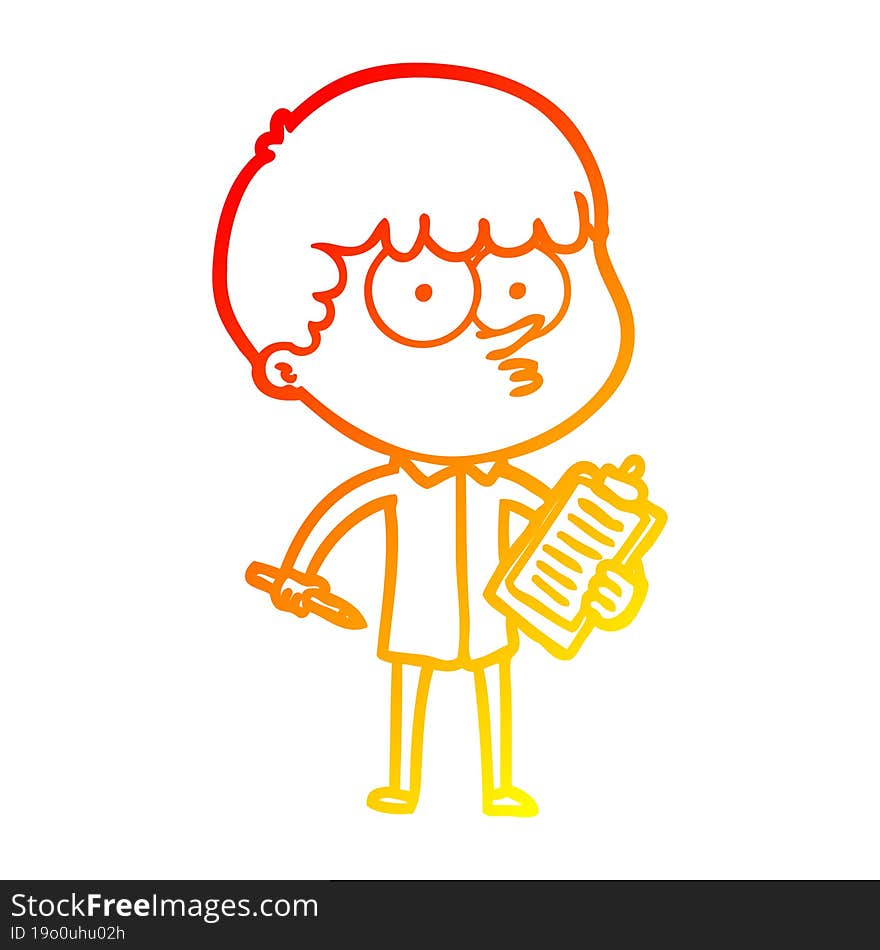 warm gradient line drawing of a cartoon curious boy taking notes