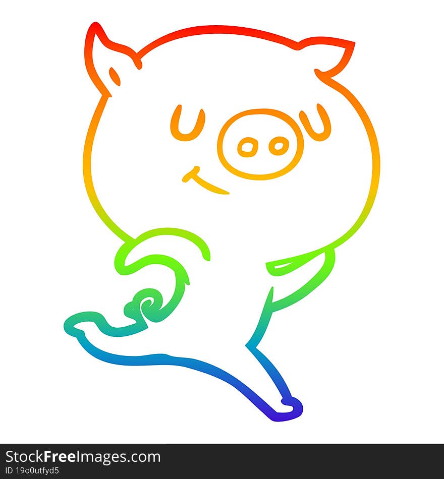 rainbow gradient line drawing of a happy cartoon pig running