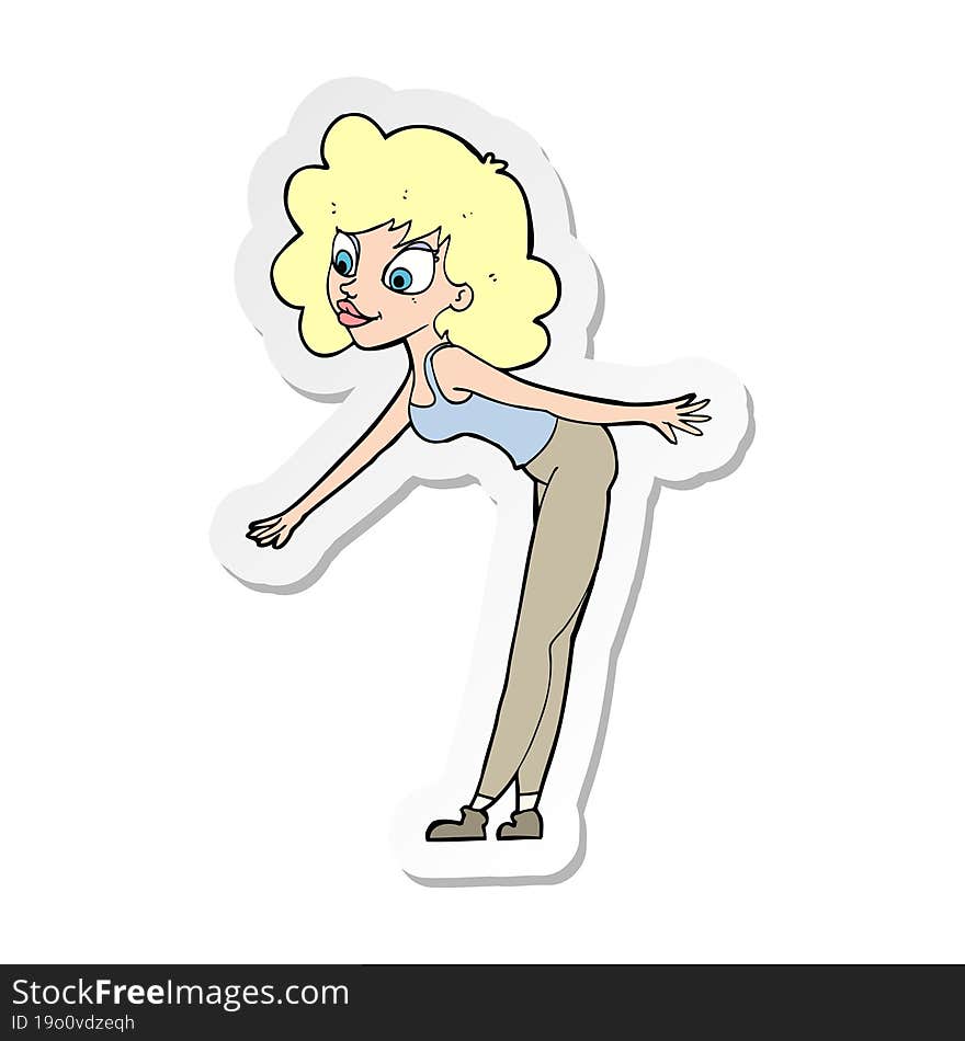 sticker of a cartoon woman reaching to pick something up