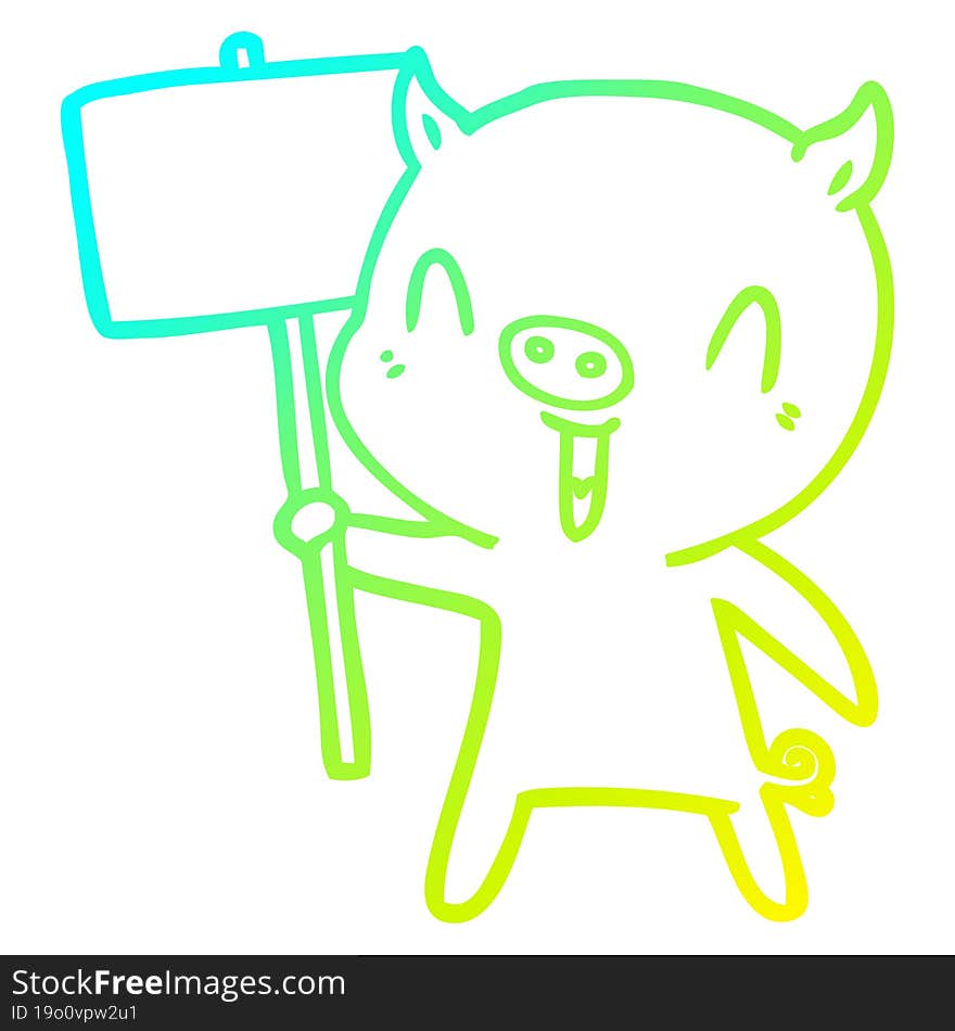 cold gradient line drawing of a happy cartoon pig with sign post