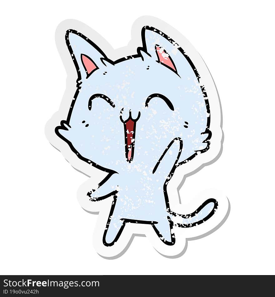 distressed sticker of a happy cartoon cat meowing