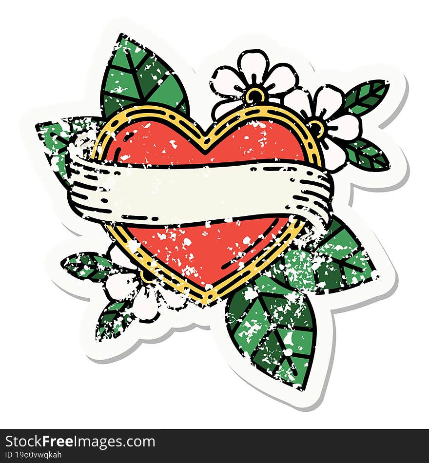 distressed sticker tattoo in traditional style of a heart and banner. distressed sticker tattoo in traditional style of a heart and banner