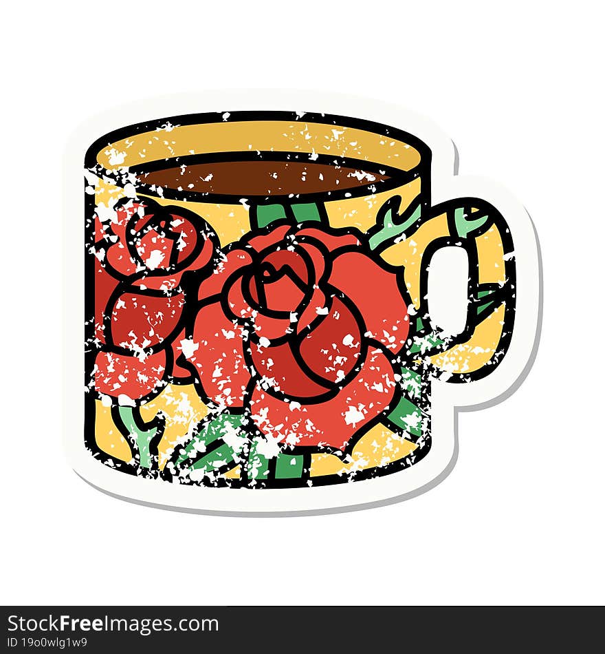 traditional distressed sticker tattoo of a cup and flowers