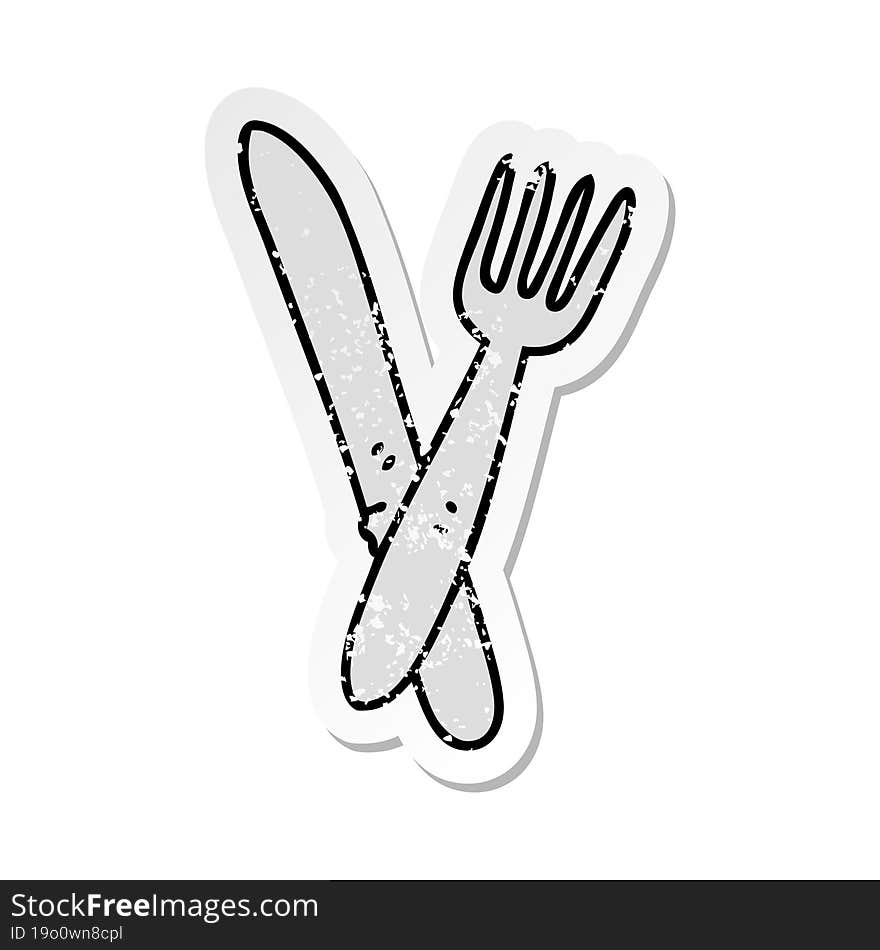 distressed sticker of a quirky hand drawn cartoon cutlery