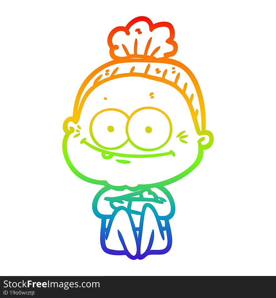 rainbow gradient line drawing of a cartoon happy old woman