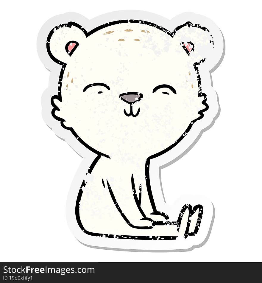 distressed sticker of a happy cartoon polar bear sitting