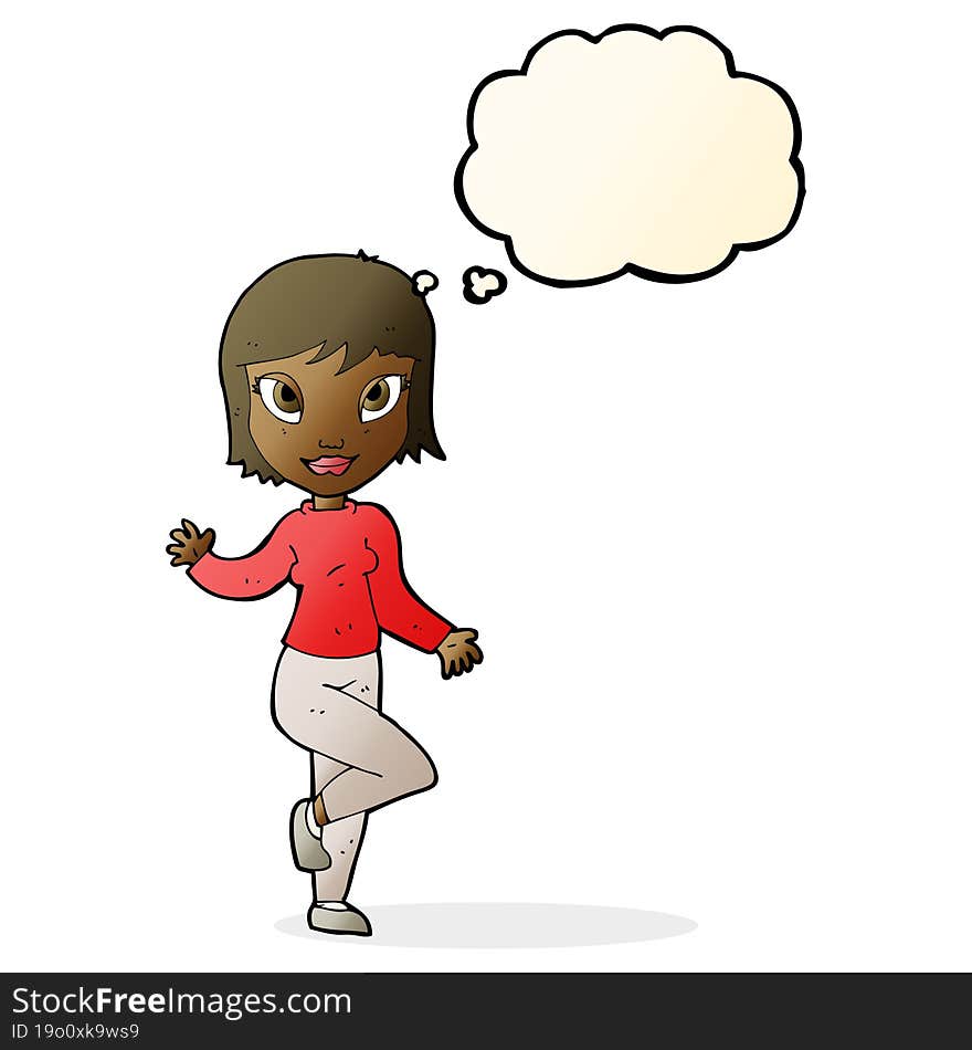 cartoon pretty woman waving with thought bubble