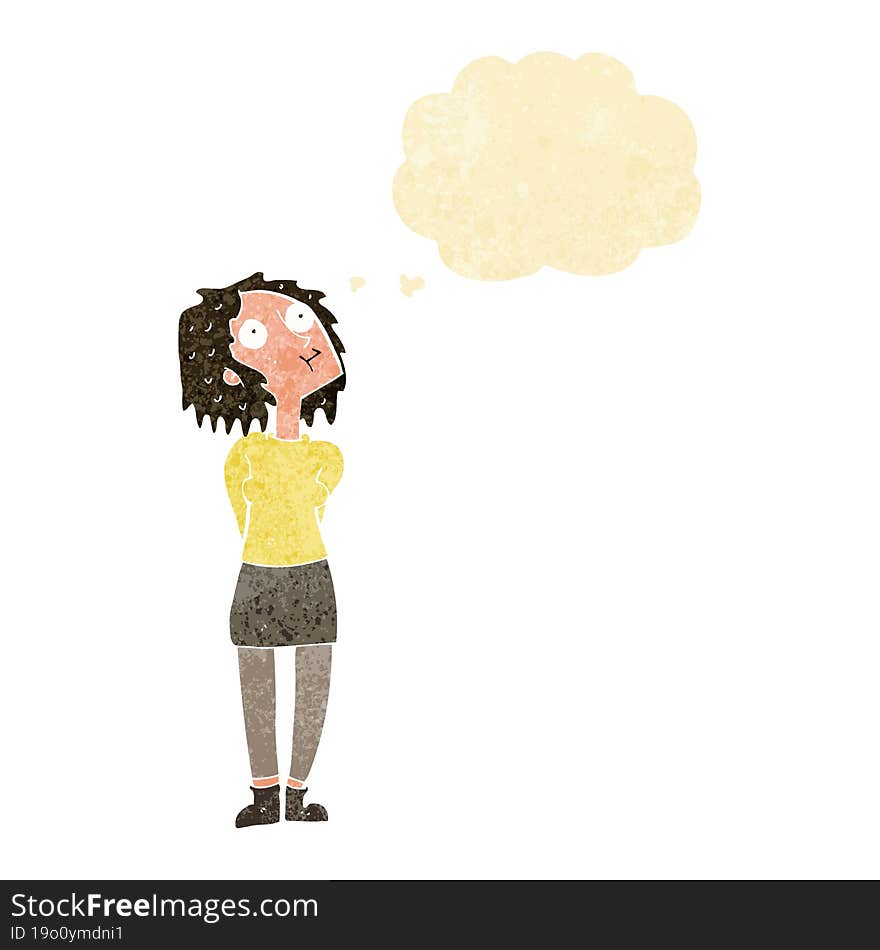 cartoon curious woman with thought bubble