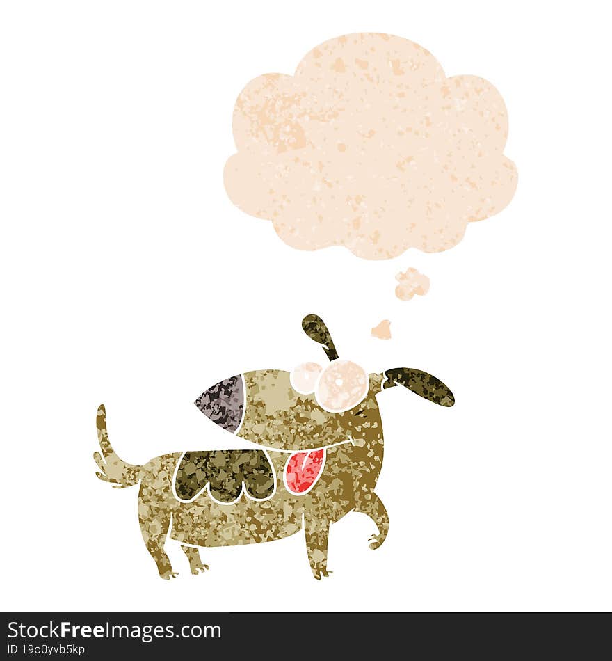 cartoon happy dog and thought bubble in retro textured style