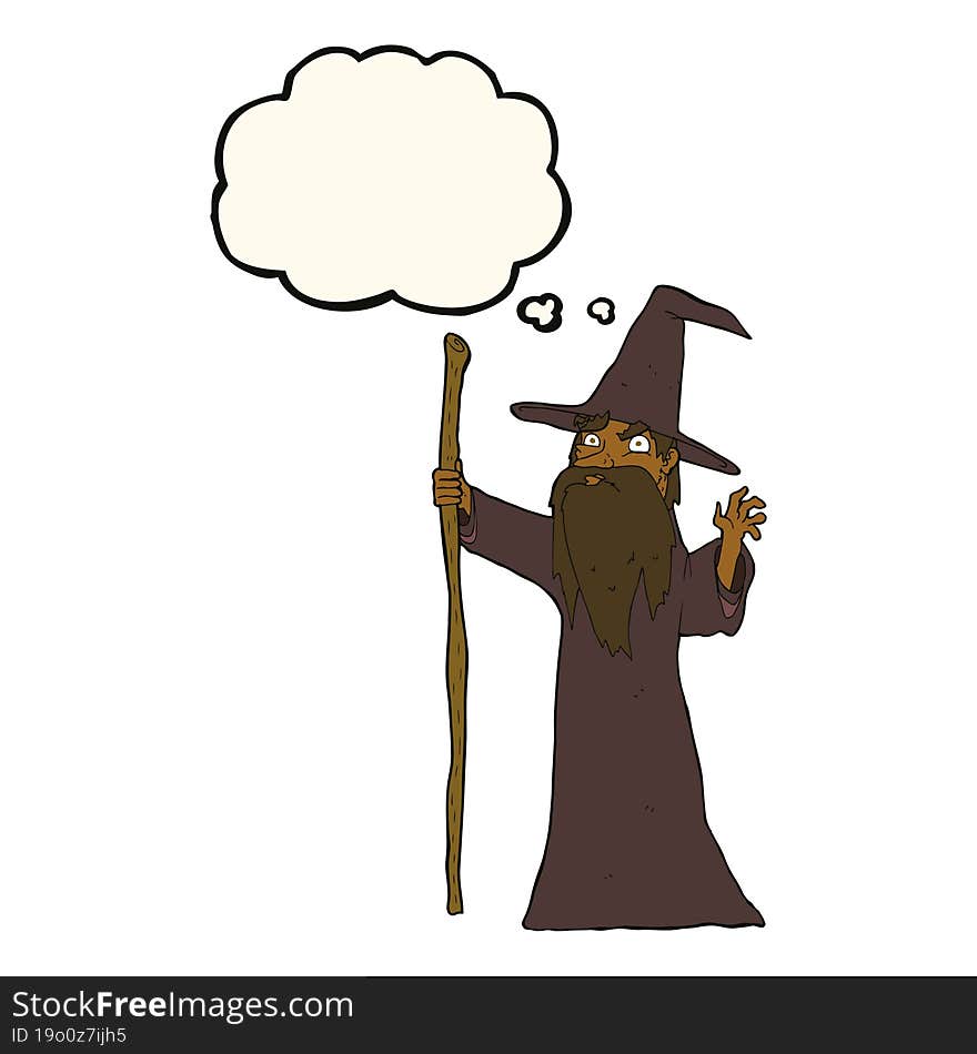 cartoon spooky wizard with thought bubble