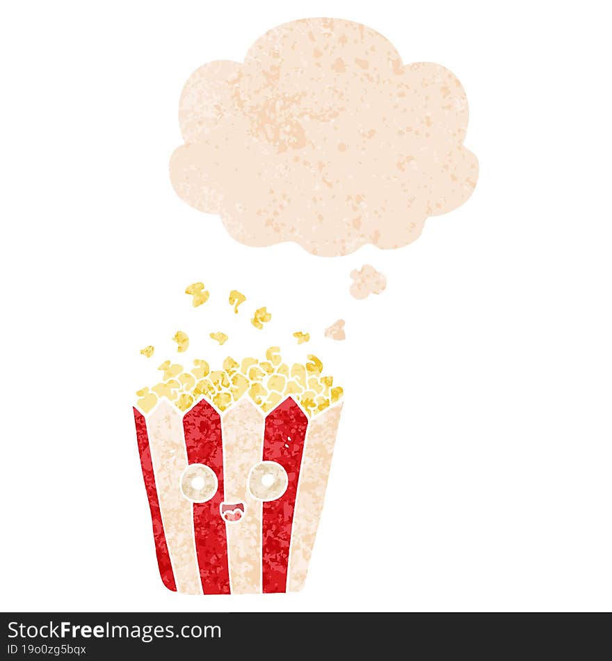 cartoon popcorn and thought bubble in retro textured style