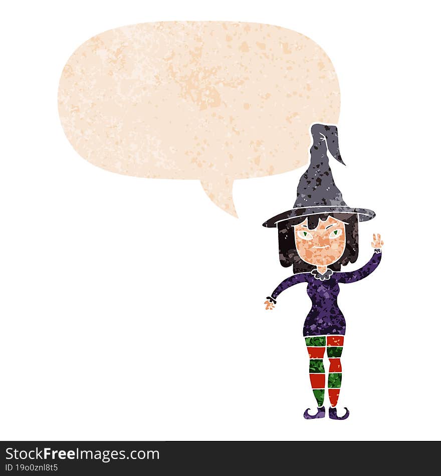 cartoon witch with speech bubble in grunge distressed retro textured style. cartoon witch with speech bubble in grunge distressed retro textured style