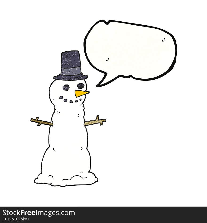 speech bubble textured cartoon snowman in top hat