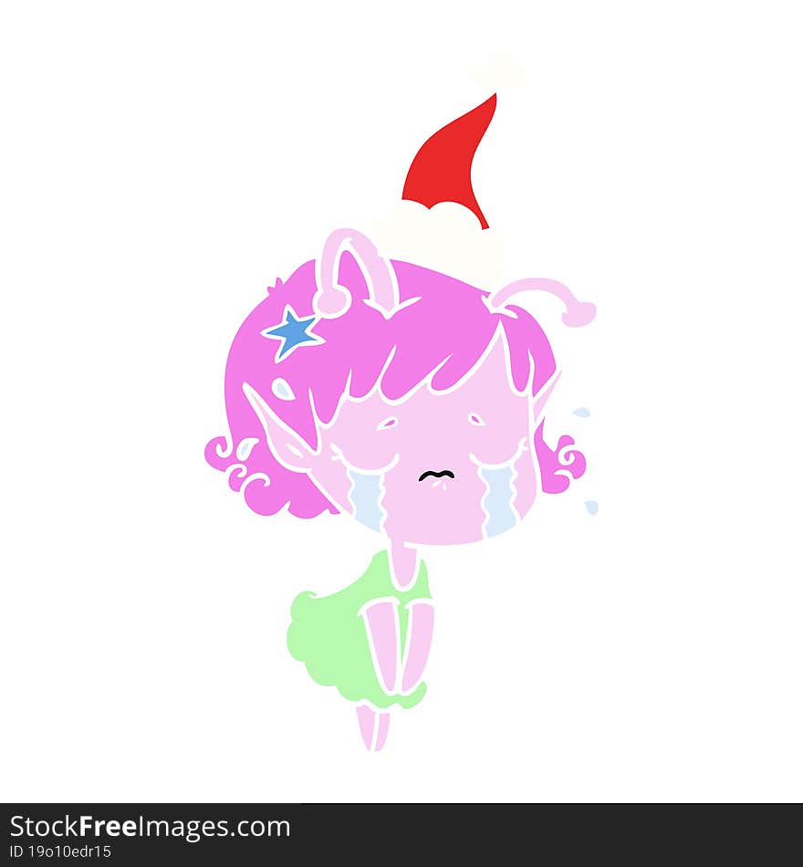 hand drawn flat color illustration of a crying alien girl wearing santa hat