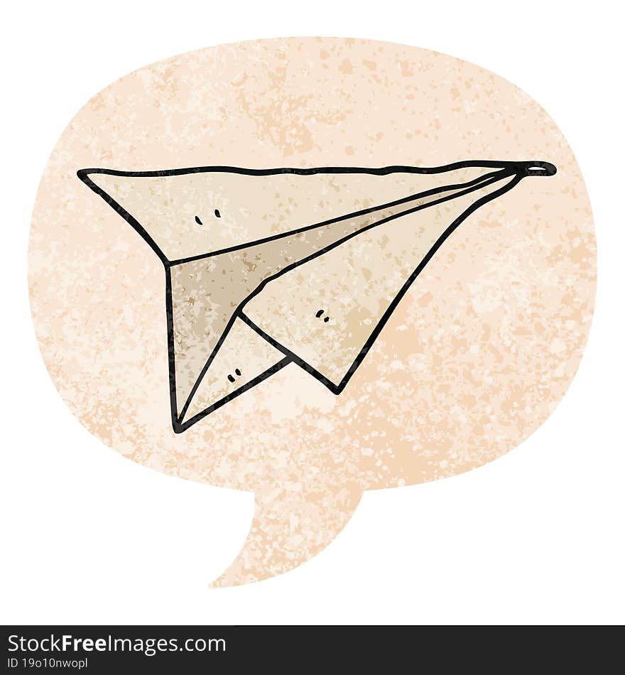 cartoon paper airplane and speech bubble in retro textured style