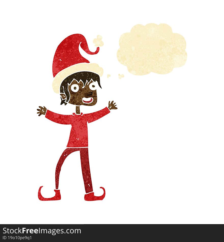 cartoon excited christmas elf with thought bubble