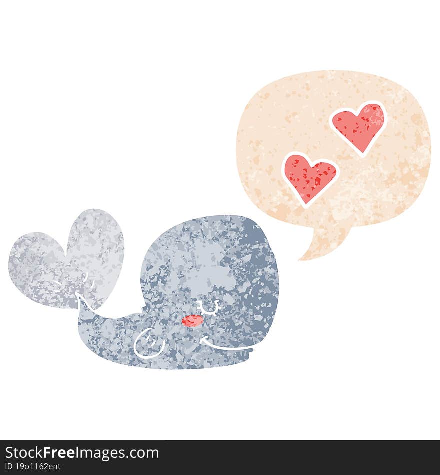 cartoon whale in love with speech bubble in grunge distressed retro textured style. cartoon whale in love with speech bubble in grunge distressed retro textured style