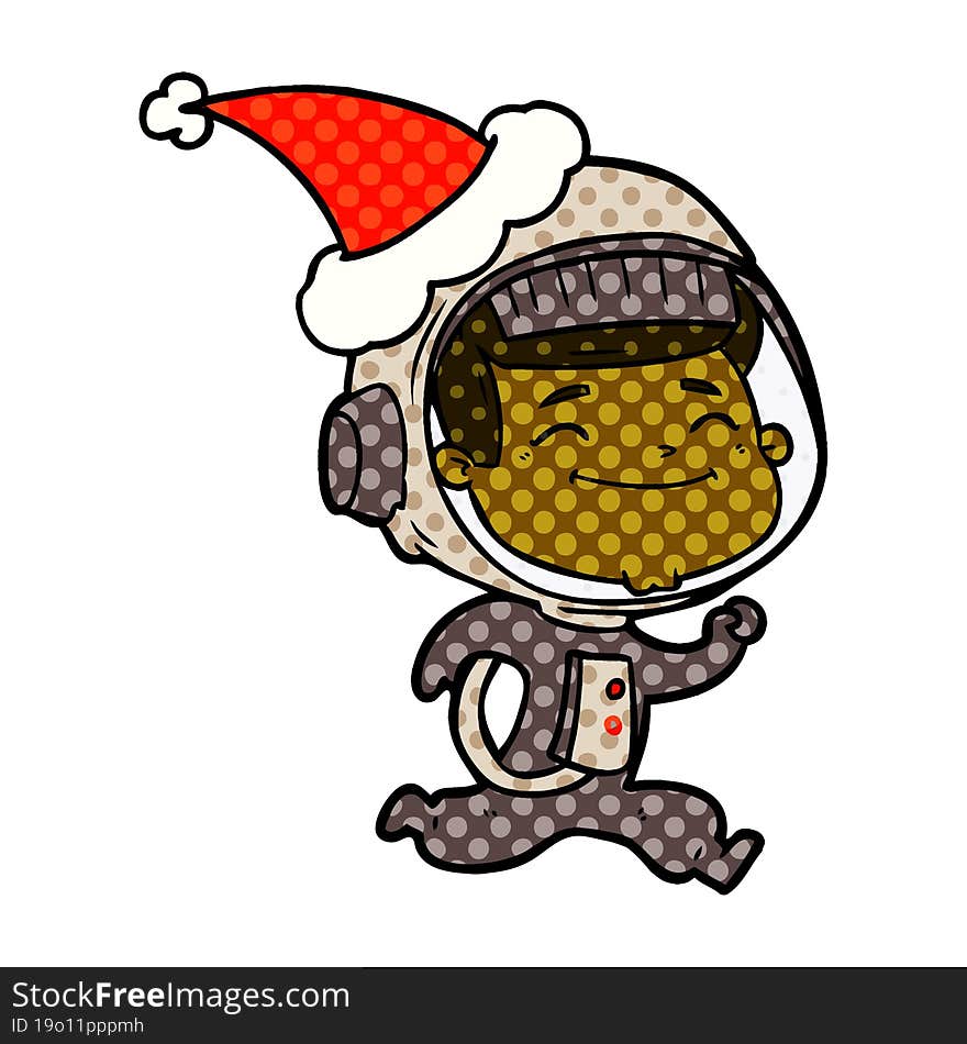 happy comic book style illustration of a astronaut wearing santa hat