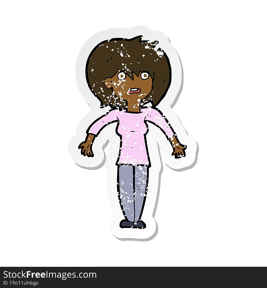 retro distressed sticker of a cartoon woman shrugging shoulders