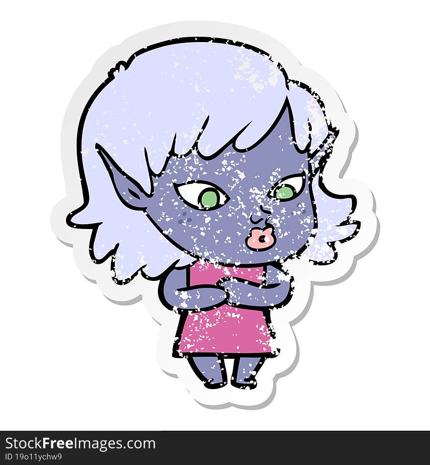 Distressed Sticker Of A Pretty Cartoon Elf Girl