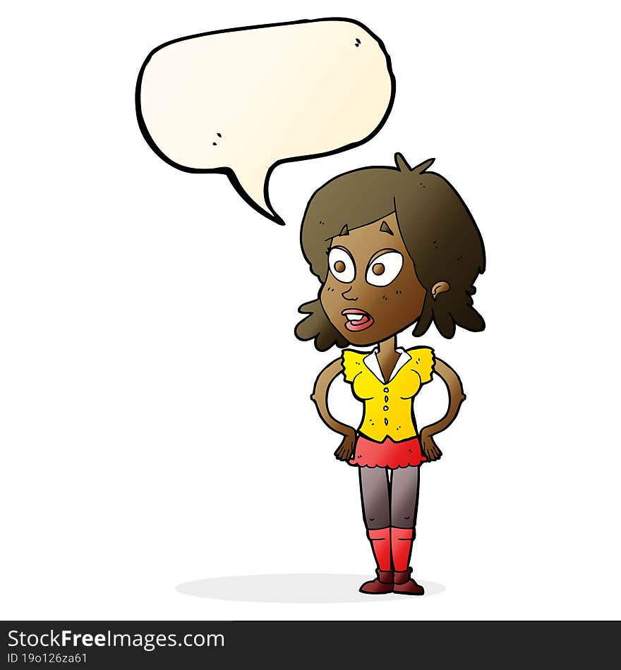 cartoon woman with hands on hips with speech bubble