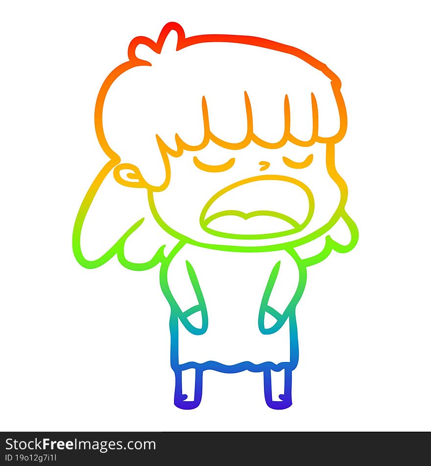 rainbow gradient line drawing cartoon woman talking loudly