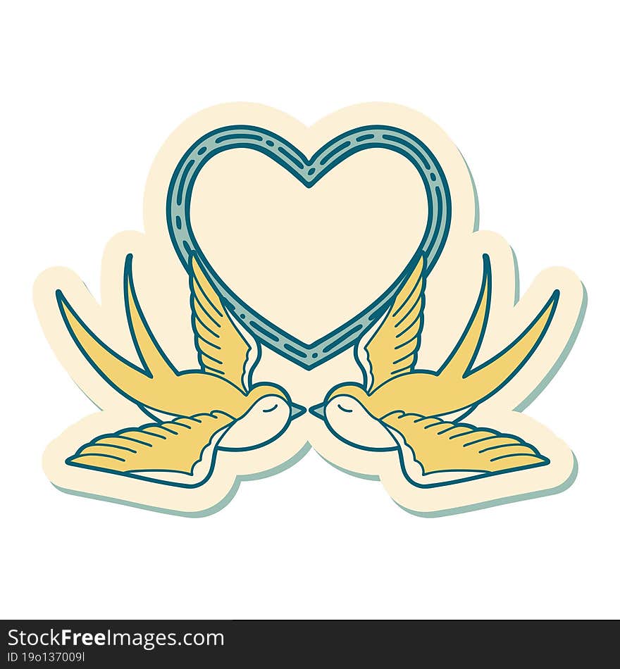 sticker of tattoo in traditional style of swallows and a heart. sticker of tattoo in traditional style of swallows and a heart