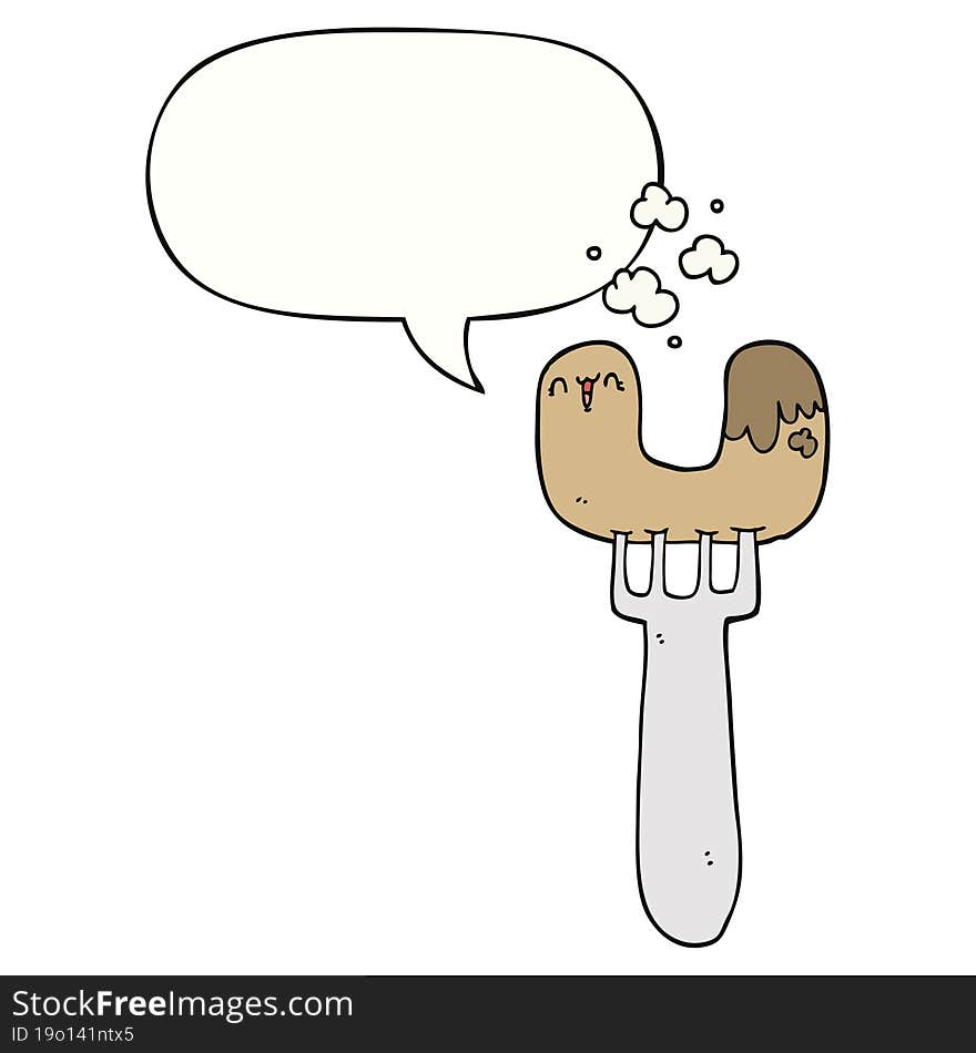 cartoon sausage on fork and speech bubble