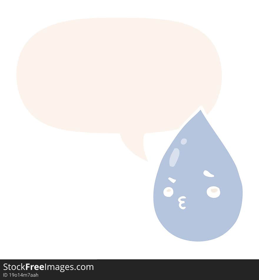 Cartoon Cute Raindrop And Speech Bubble In Retro Style