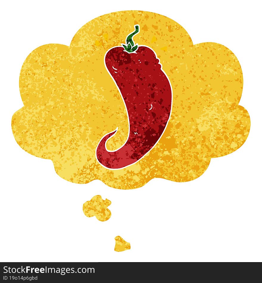 Cartoon Chili Pepper And Thought Bubble In Retro Textured Style