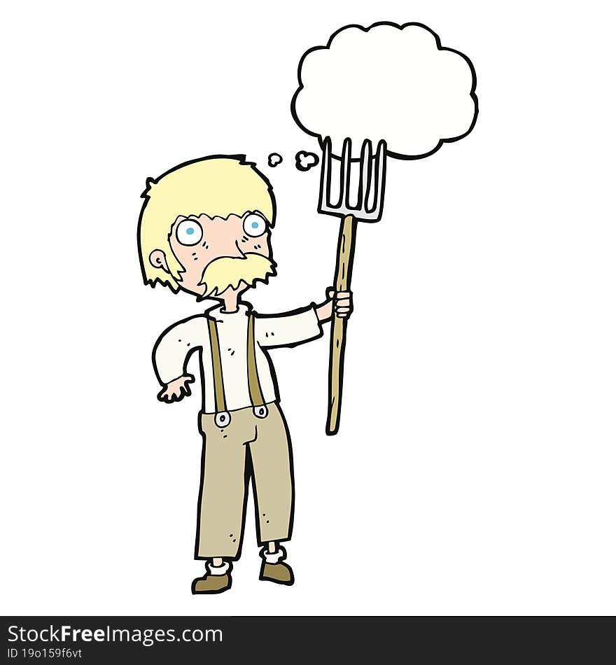 Cartoon Farmer With Pitchfork With Thought Bubble