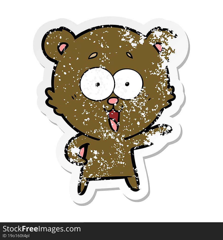 distressed sticker of a laughing teddy  bear cartoon