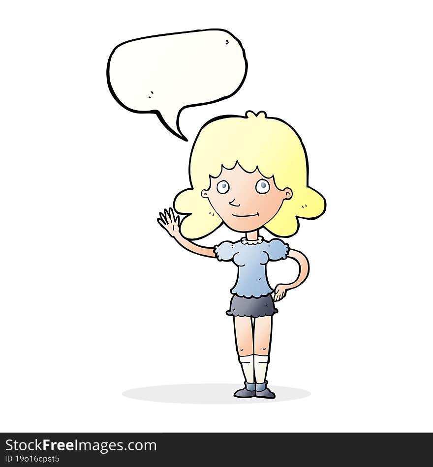 cartoon woman waving with speech bubble