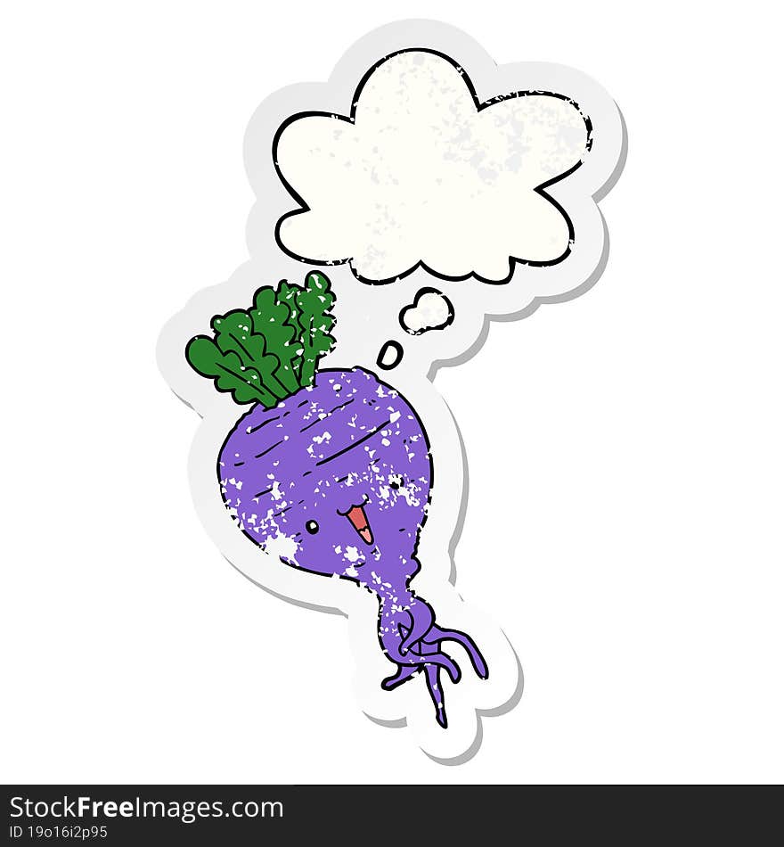 cartoon turnip with thought bubble as a distressed worn sticker