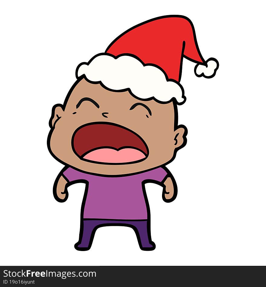 line drawing of a shouting bald man wearing santa hat