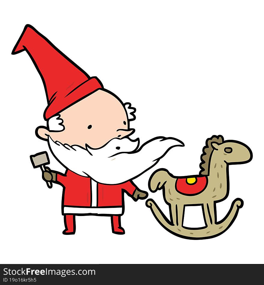 cartoon santa (or elf) making a rocking horse. cartoon santa (or elf) making a rocking horse