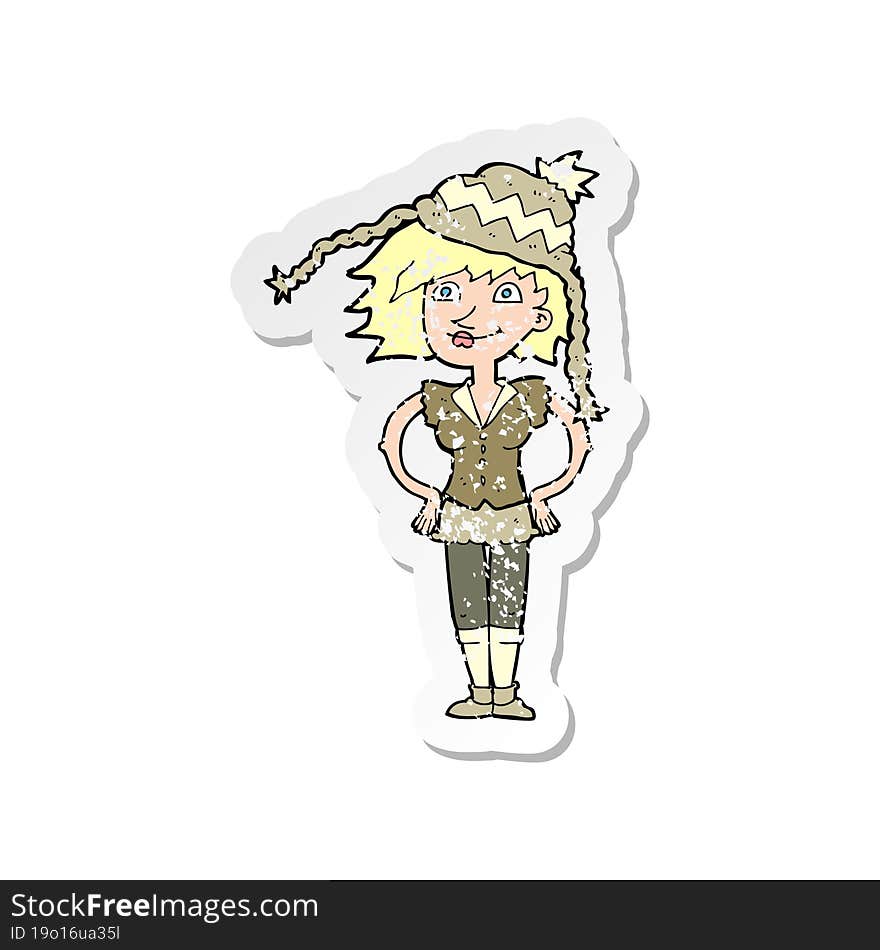 Retro Distressed Sticker Of A Cartoon Woman Wearing Winter Hat